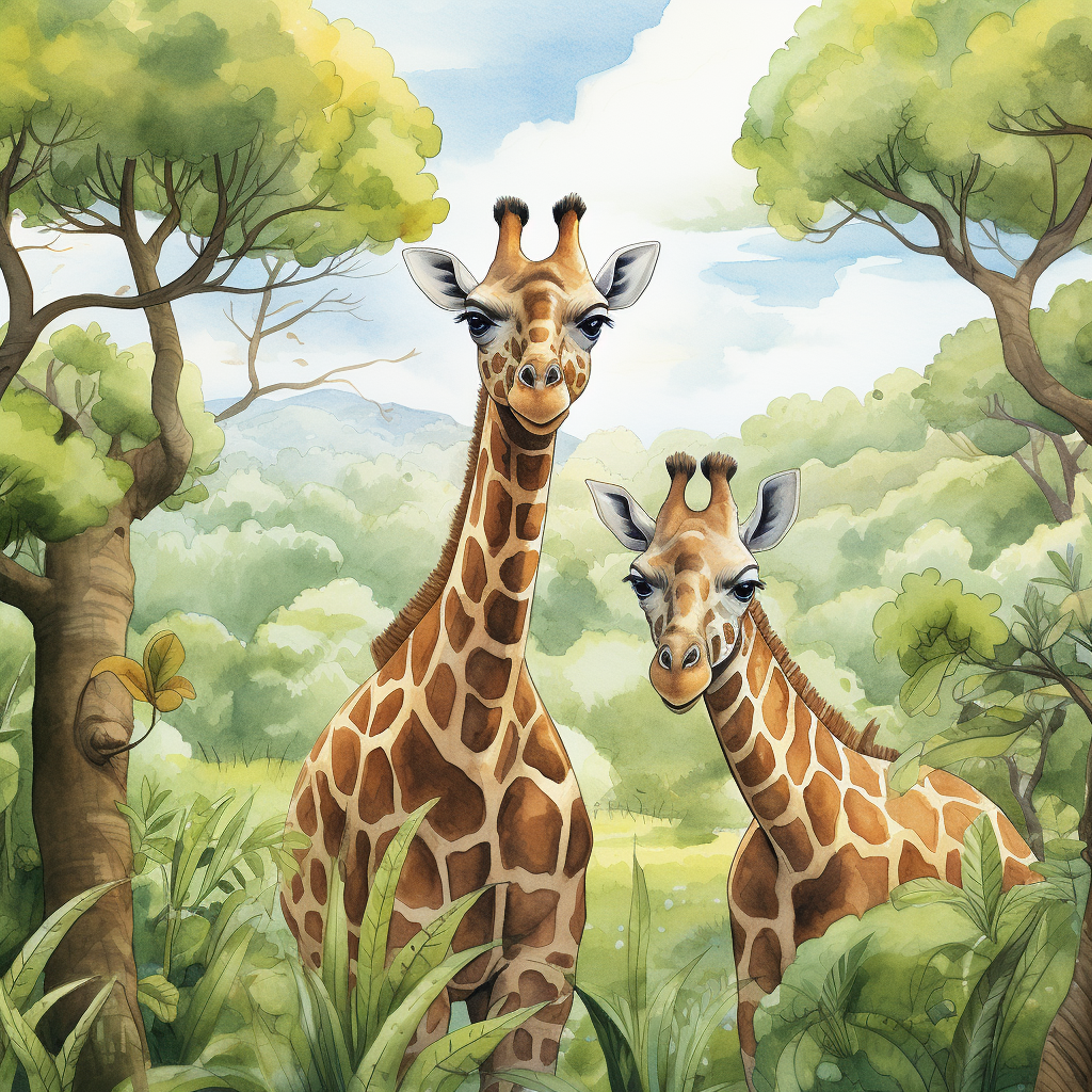 Cute Giraffes Watercolor Illustration for Children's Book