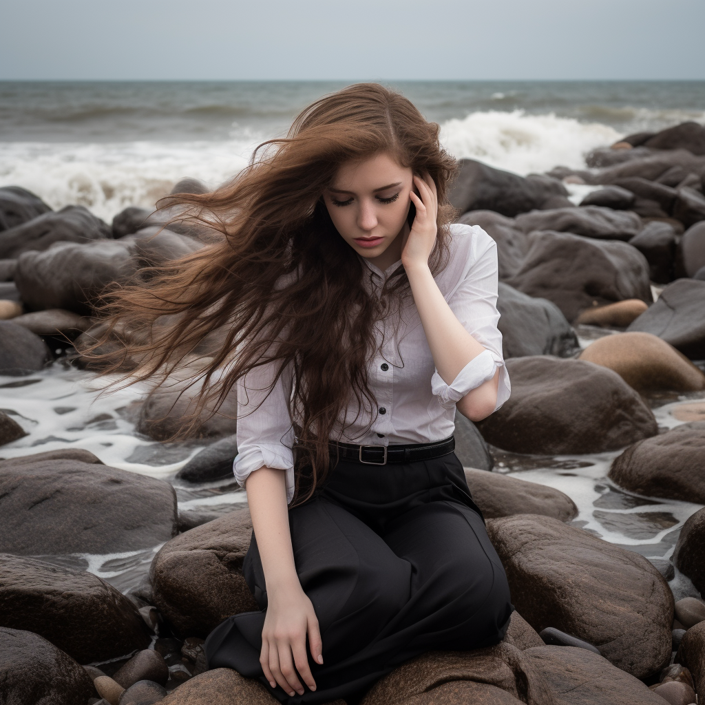 Girl on beach with crashing waves