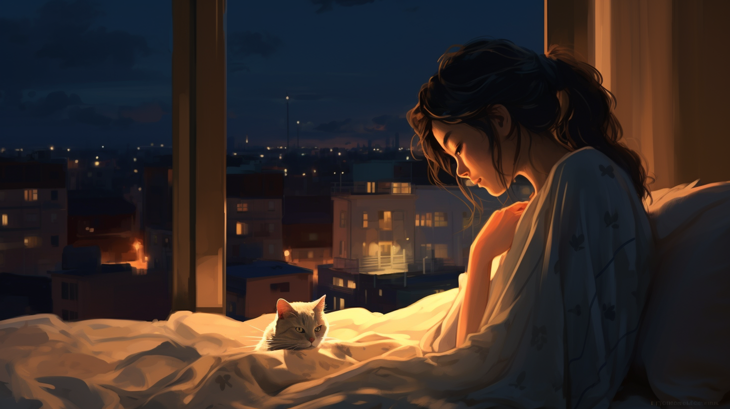 Girl in Bed with Cat by Window