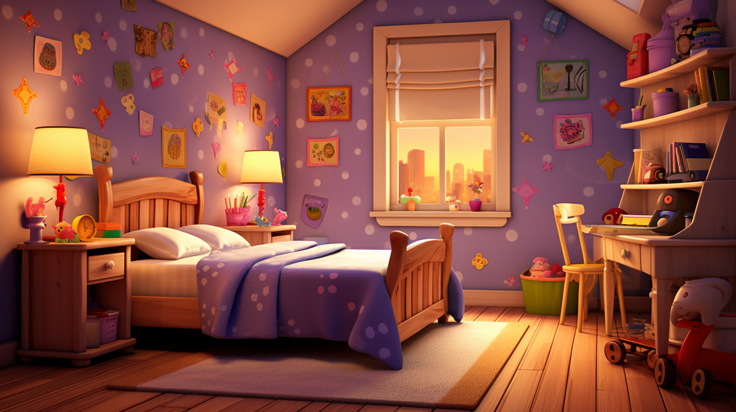 Adorable girl bedroom in Pixar art style