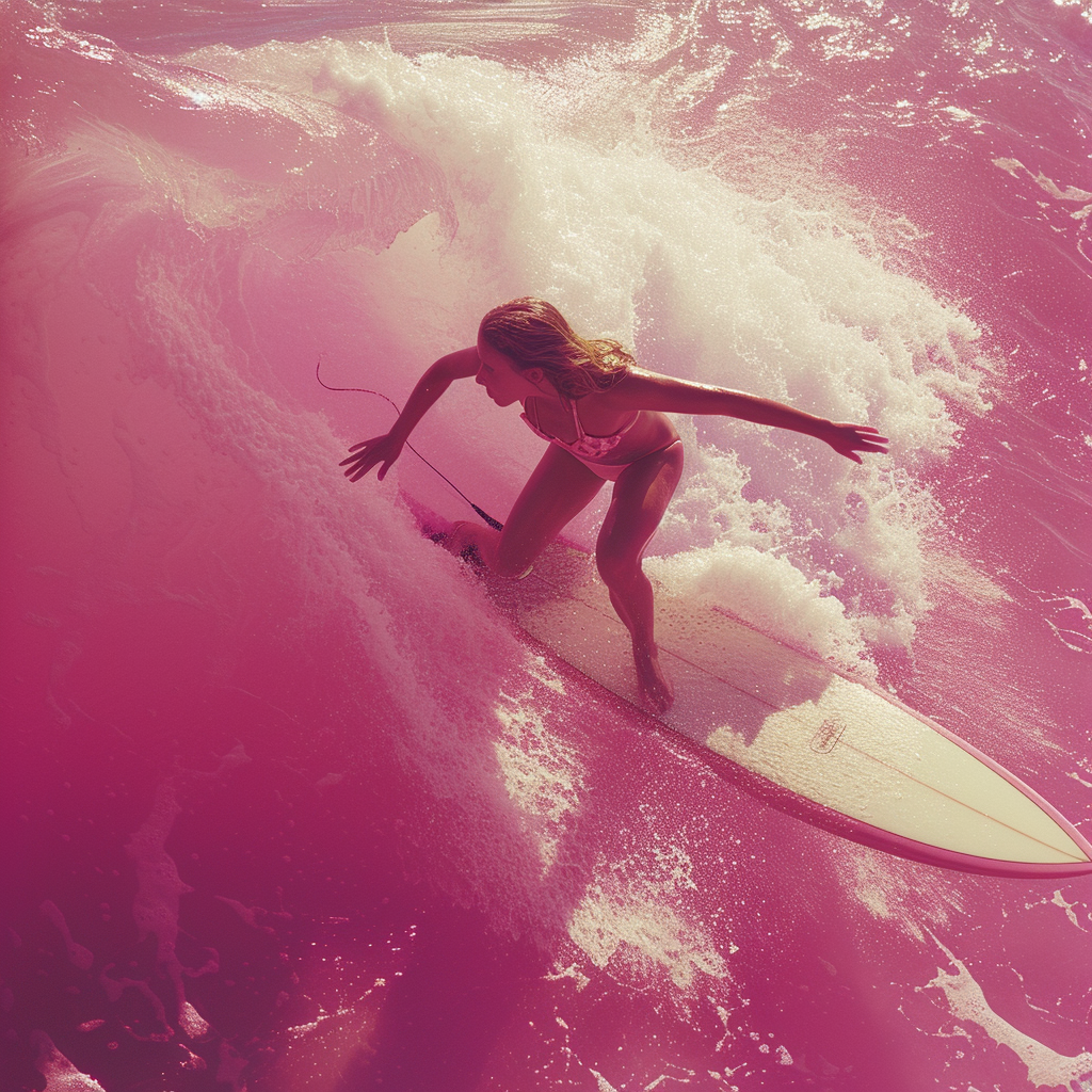 Teenage girl in pink bikini surfing