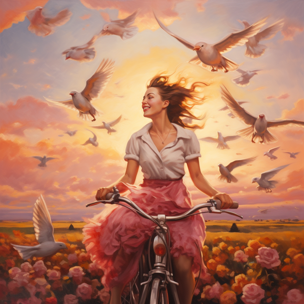 Impressionist painting of a girl riding a bicycle surrounded by birds