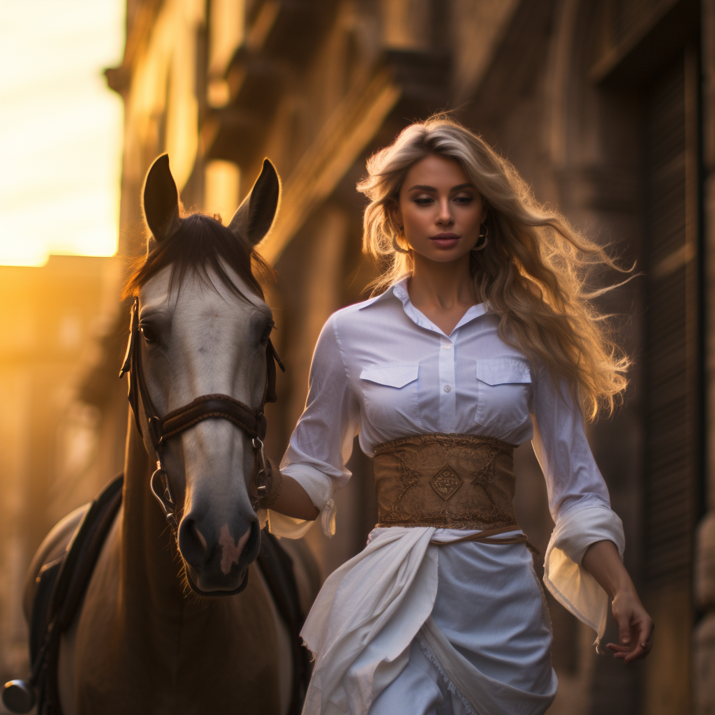 Blonde-haired girl walking in Rome street with dog