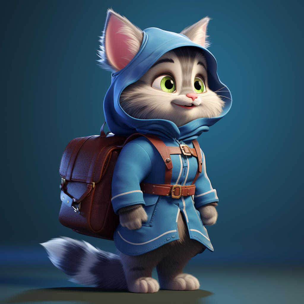 Cute girl blue Russian cat in dress and scout backpack