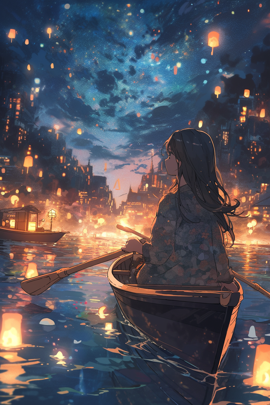 Back view of girl on a boat floating through a river at night