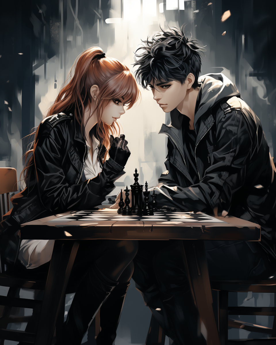 Girl and boy playing intense chess game