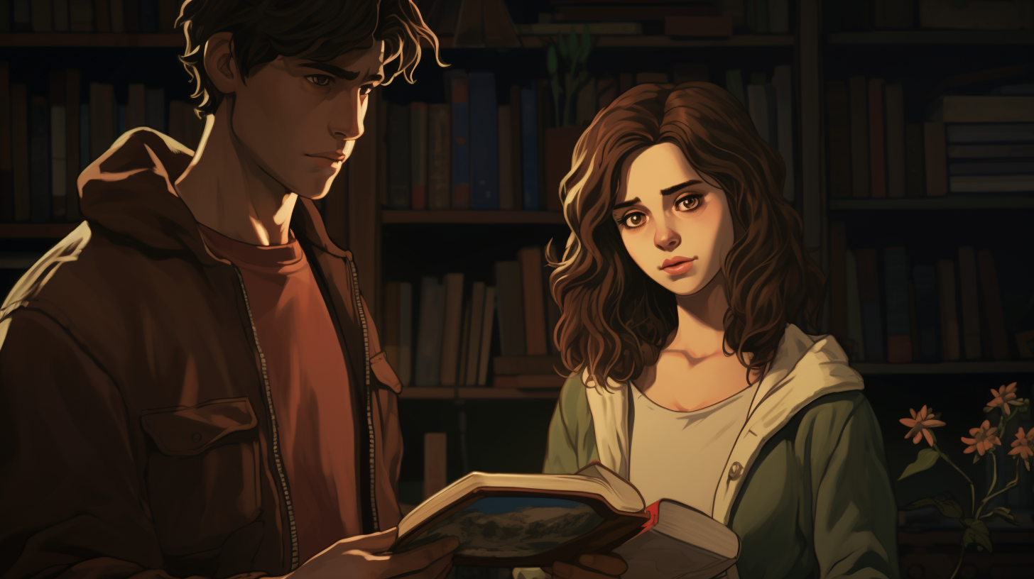 Girl and man with book in Studio Ghibli style