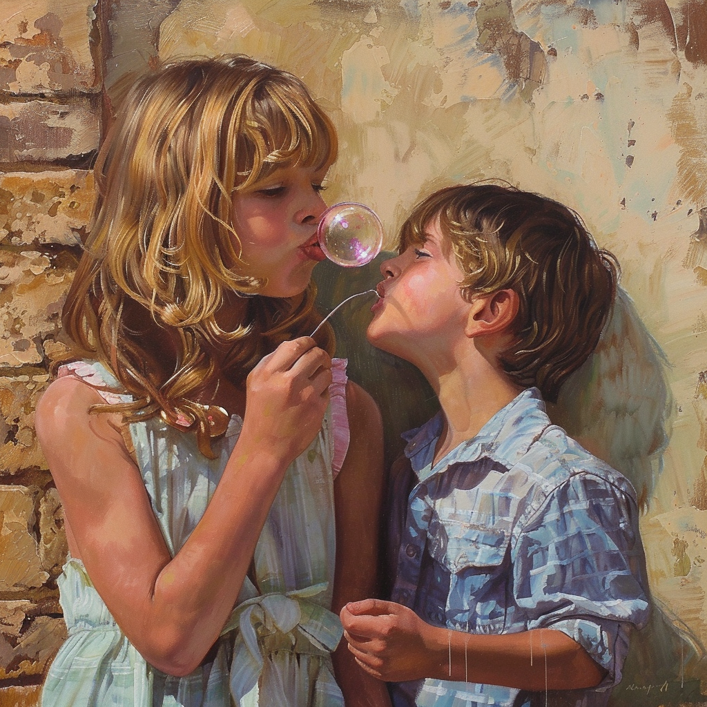 Girl blowing bubble on boy