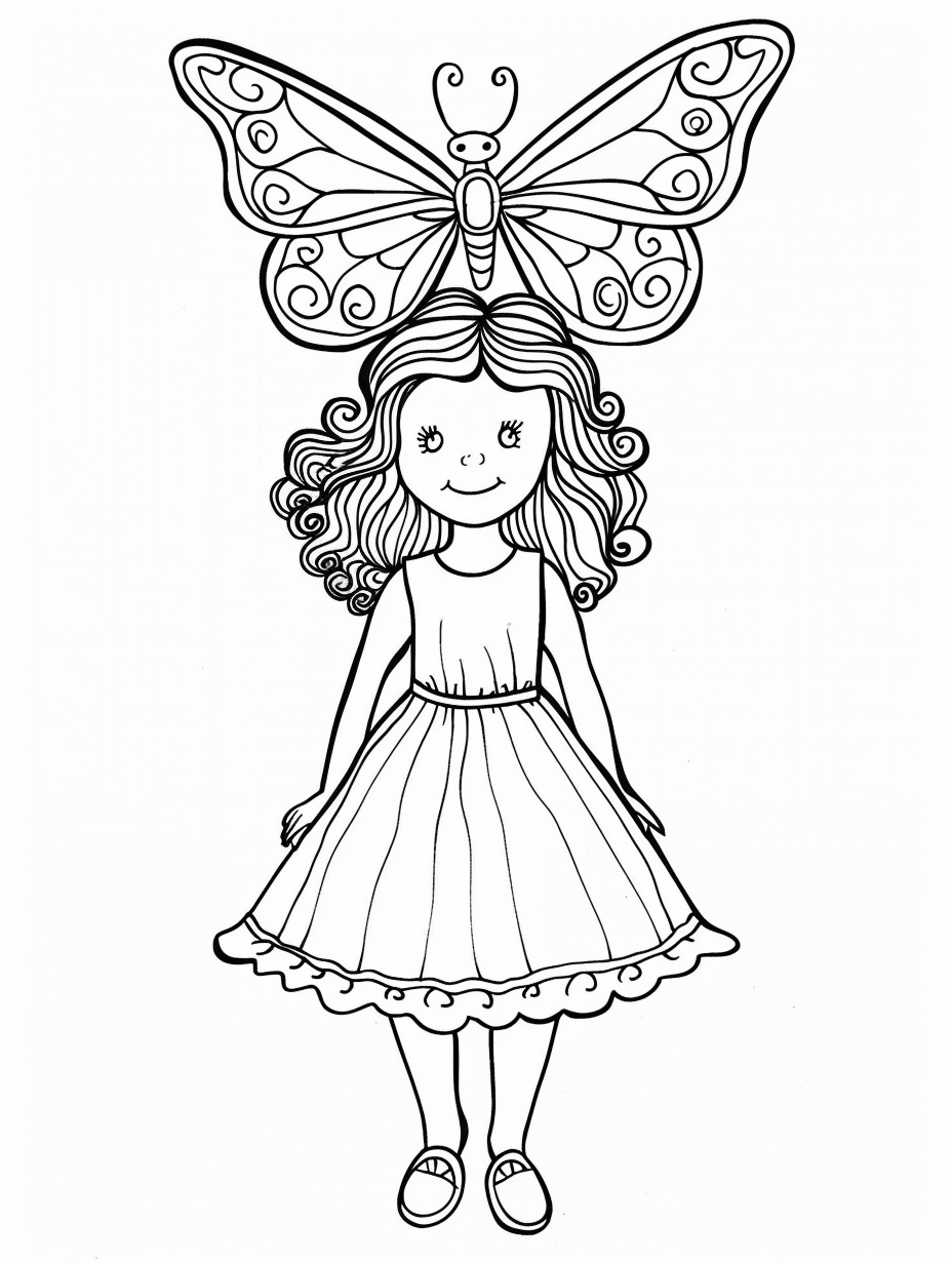 Young girl coloring page with butterfly