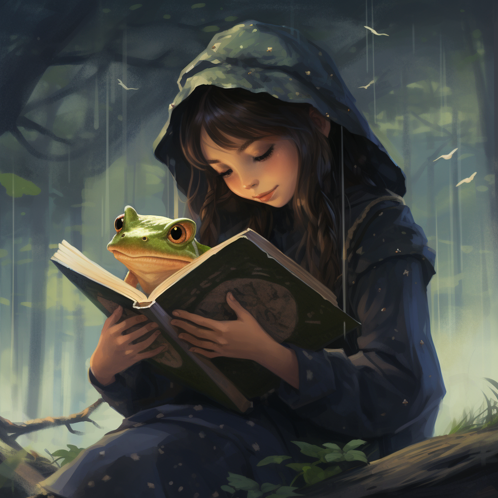 Girl with Frog and Book in Rainy Forest