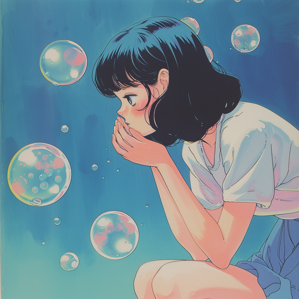 Girl catching breath bubbles float away