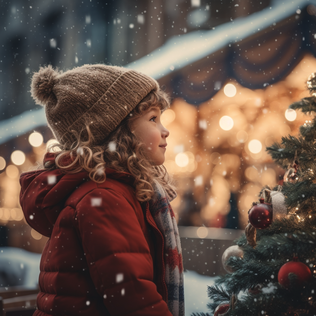 Side Profile of Girl Child by Christmas Tree