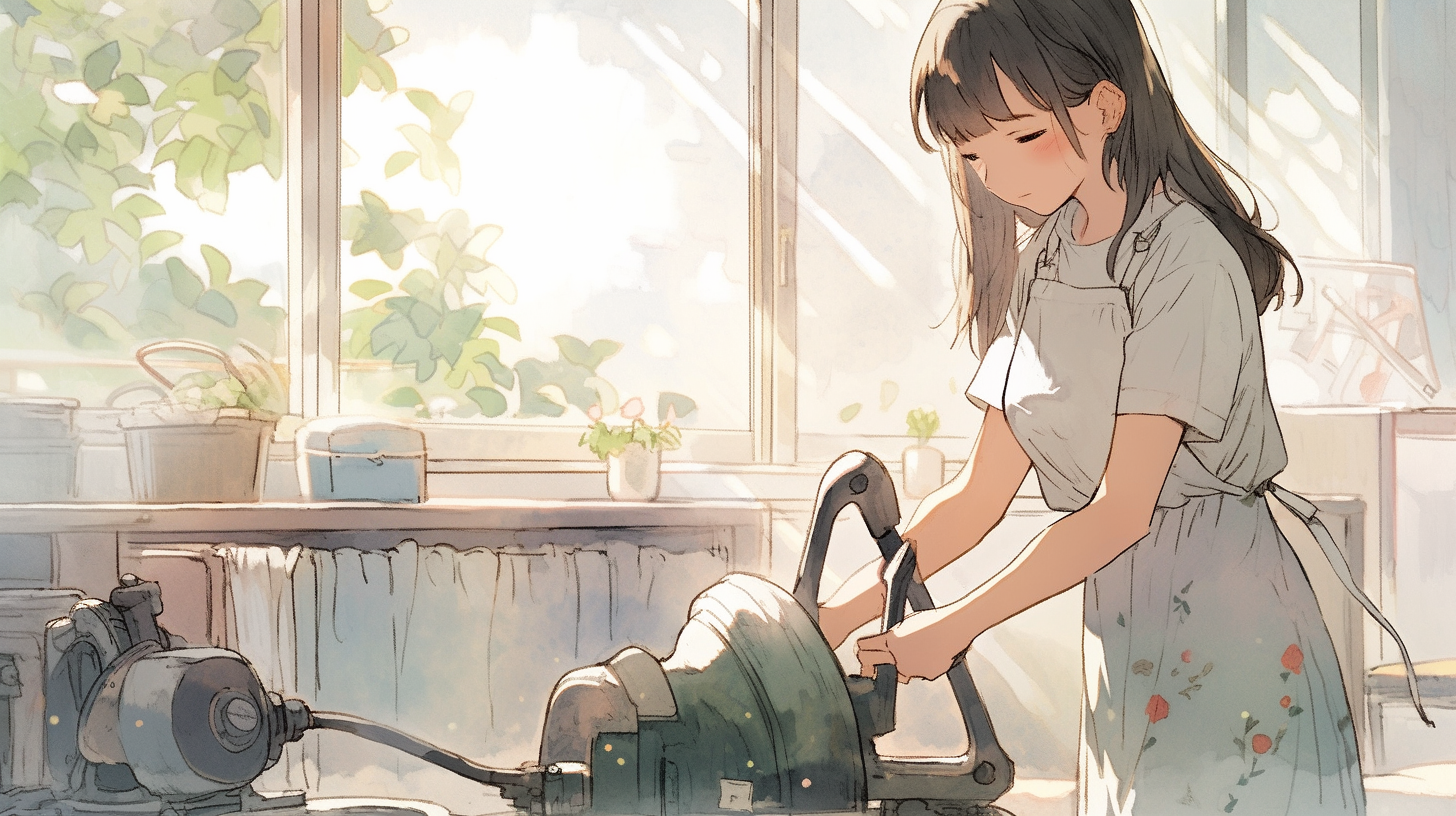 Girl cleaning with a vacuum watercolor illustration