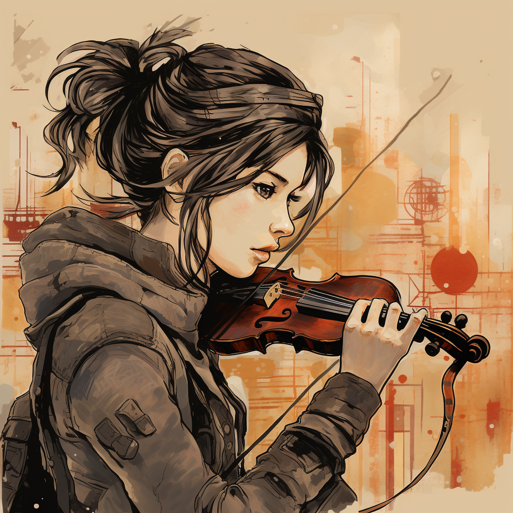 Girl shooting compound bow listening to podcast in Japanese ink art style