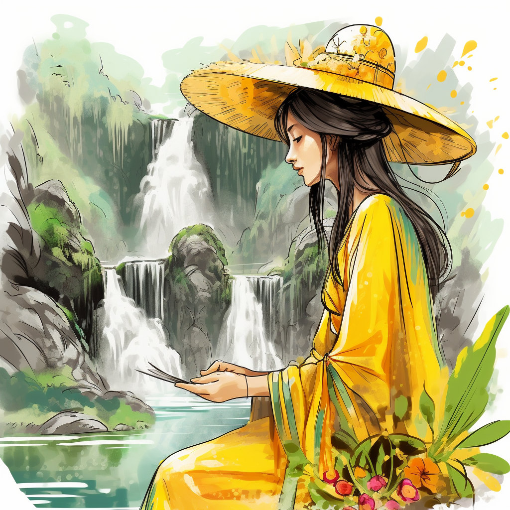 Girl in Vietnamese Ao Dai with Amazon Forest Sketch