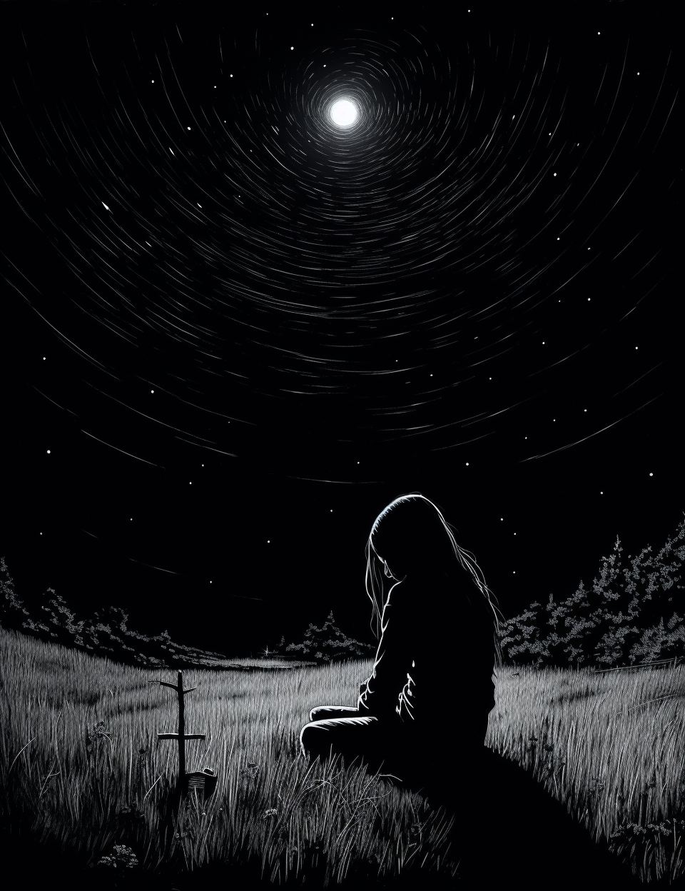 Girl crying under night sky