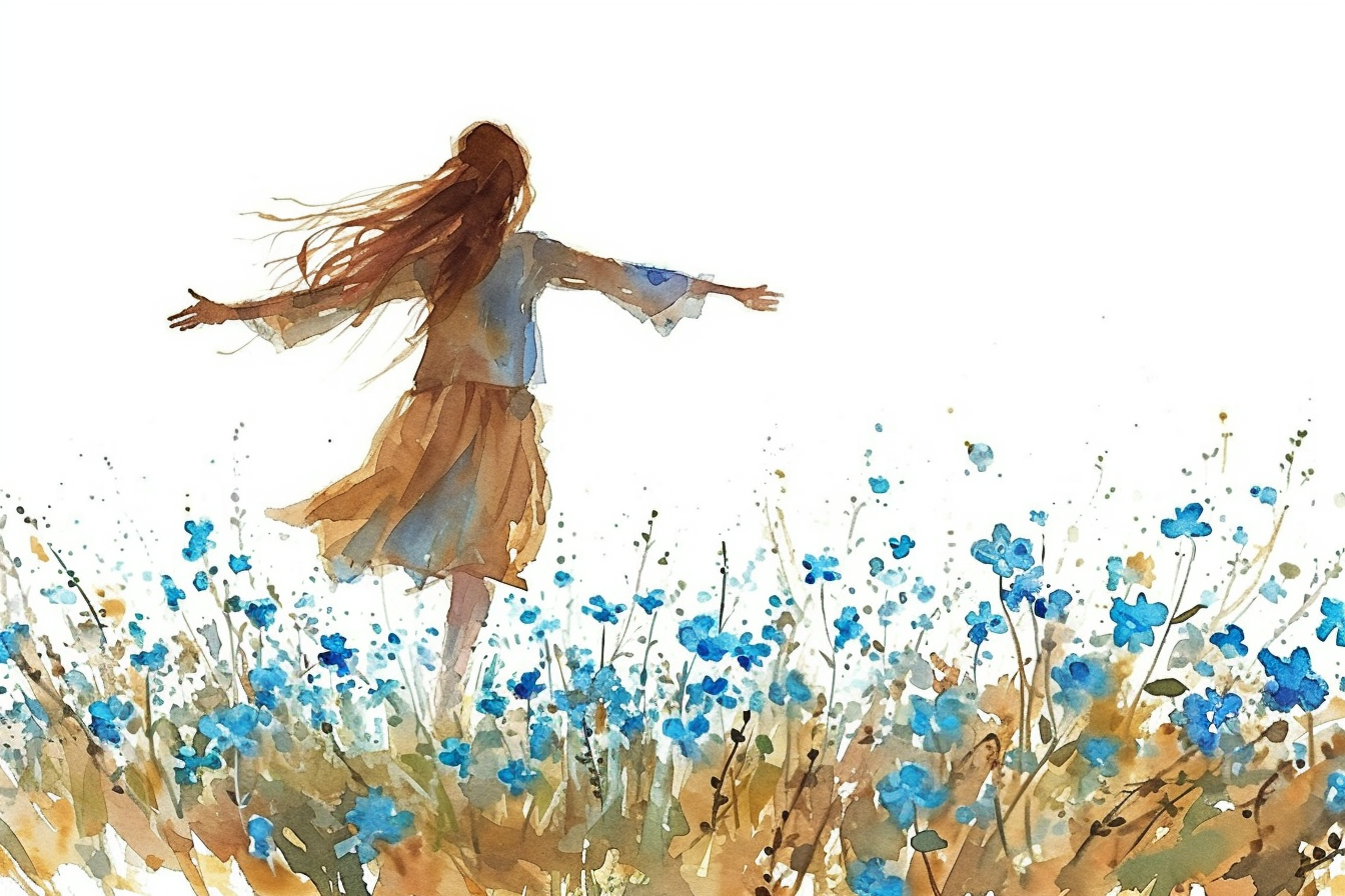 Girl Dancing in Meadow with Flowers