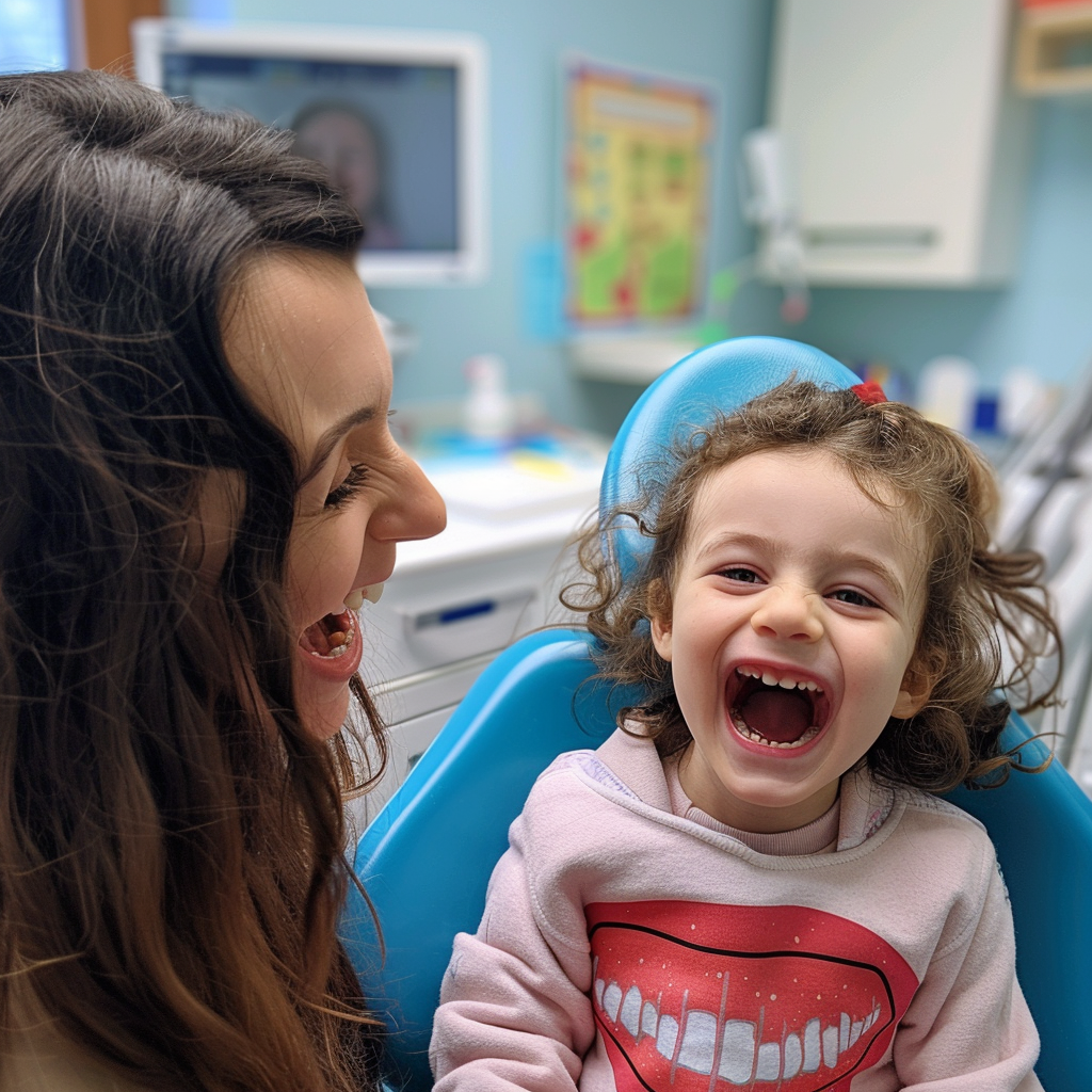 Girl at dentist laughing blue chair