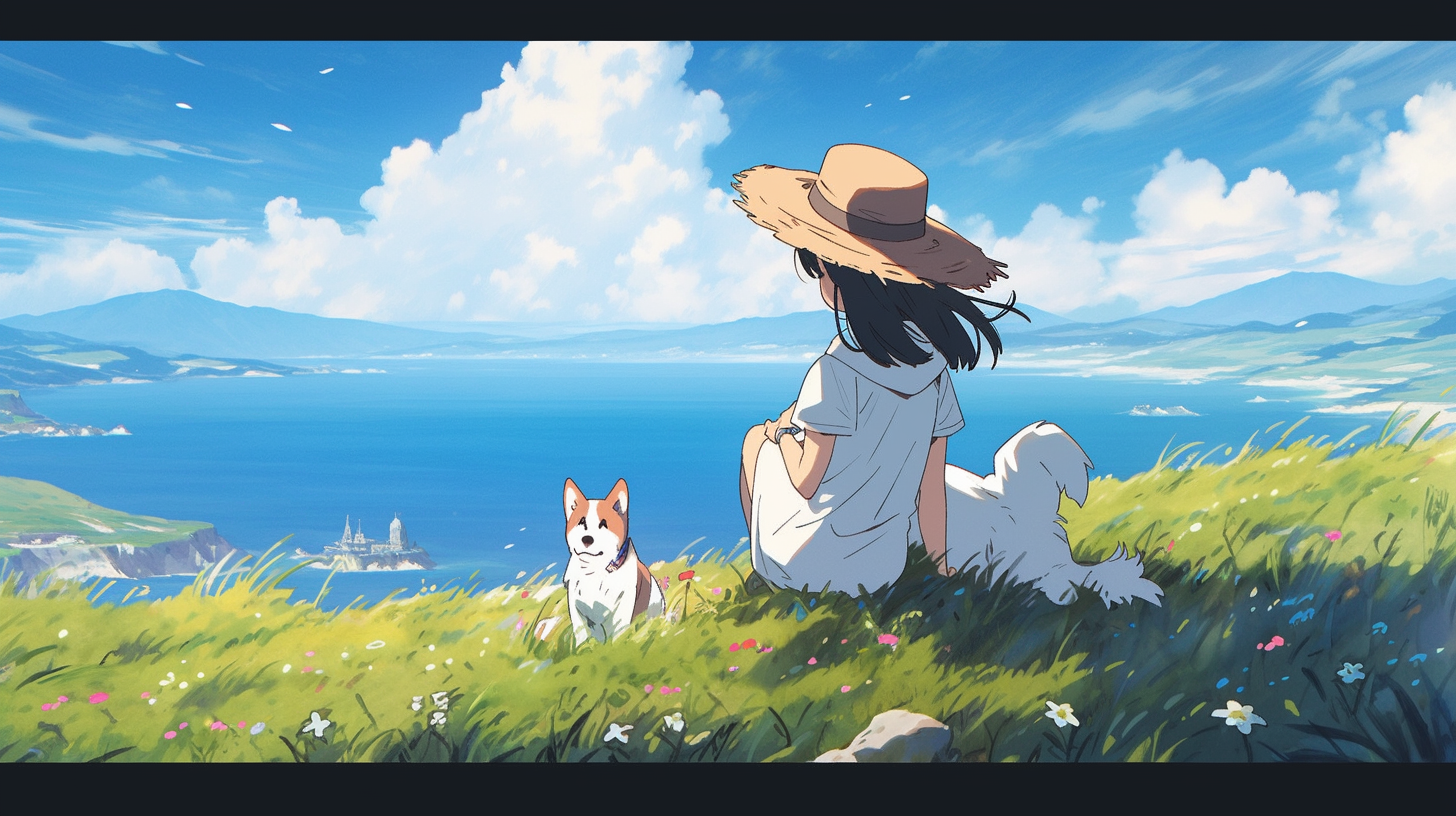 Girl and dog in field by the sea