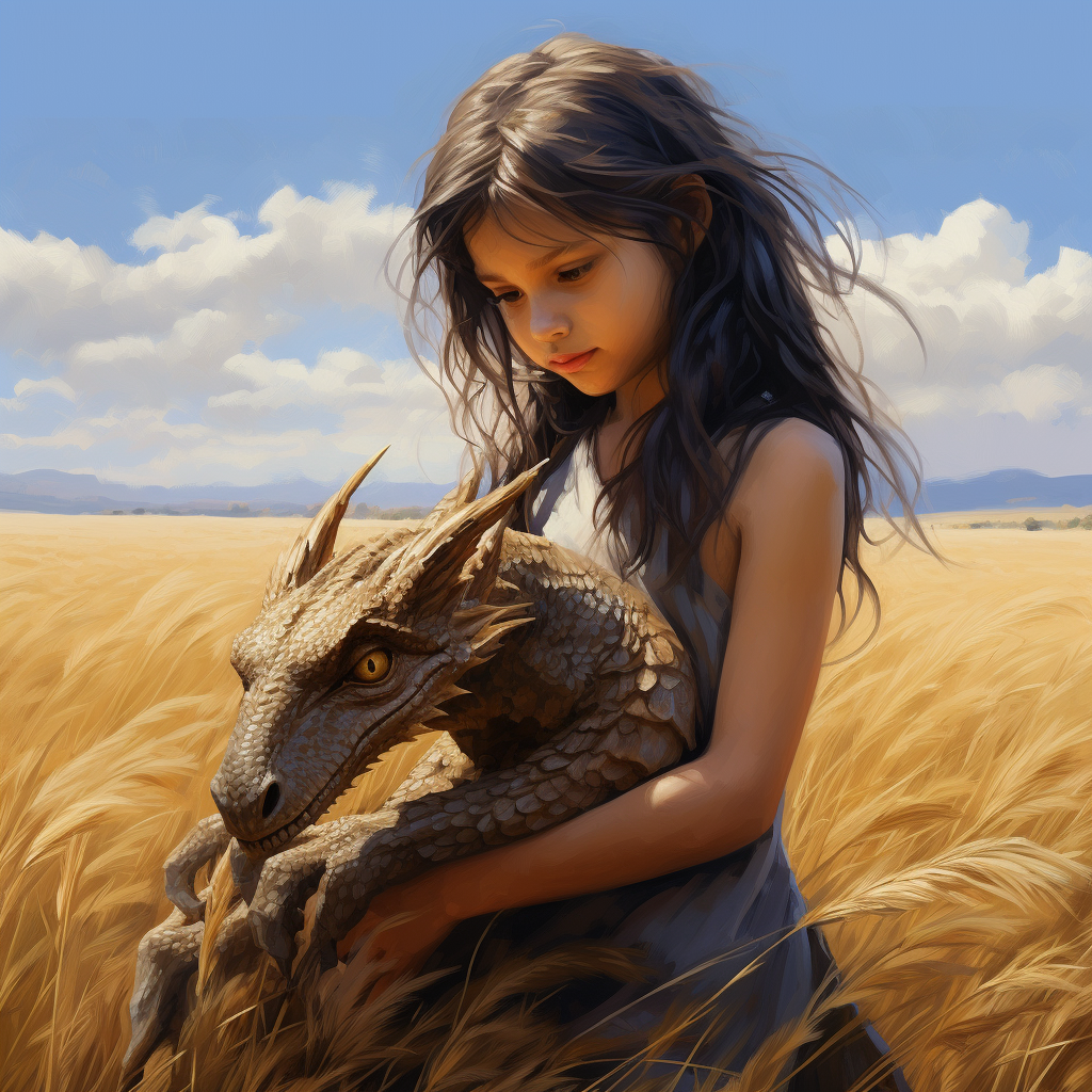 Girl with Baby Dragon on Shoulder in Open Field