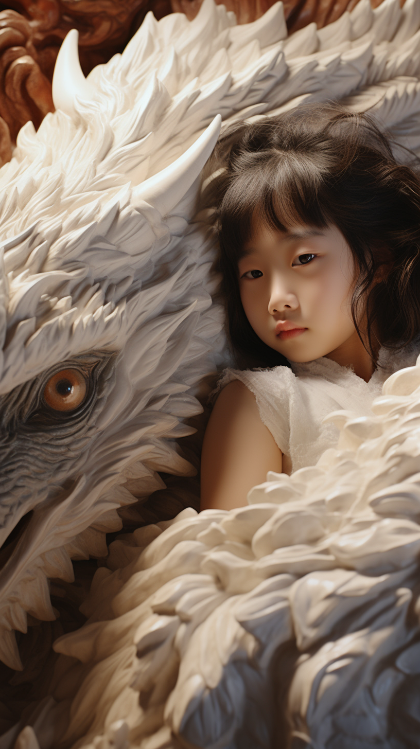 Little girl on fluffy white dragon