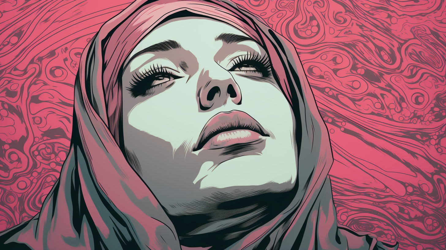 Hijab girl dreaming in pink and gray portrait