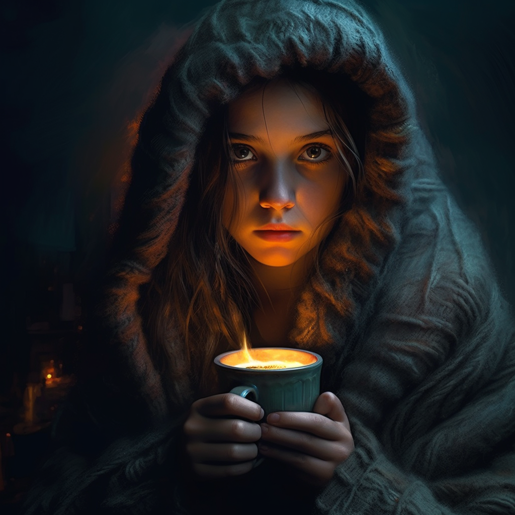 Girl enjoying a warm drink in a blanket