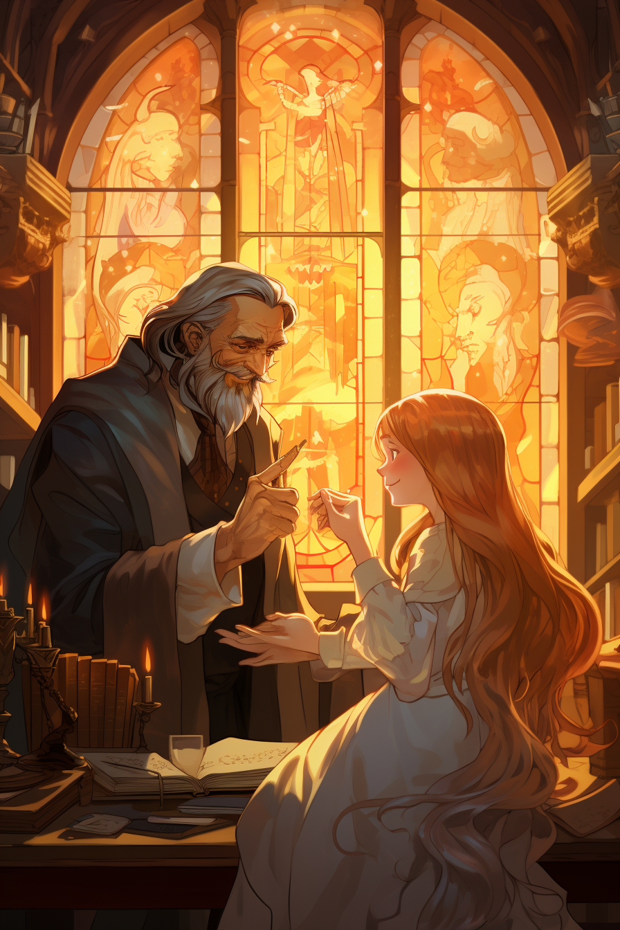 Dumbledore scolding little blonde girl in Hogwarts uniform