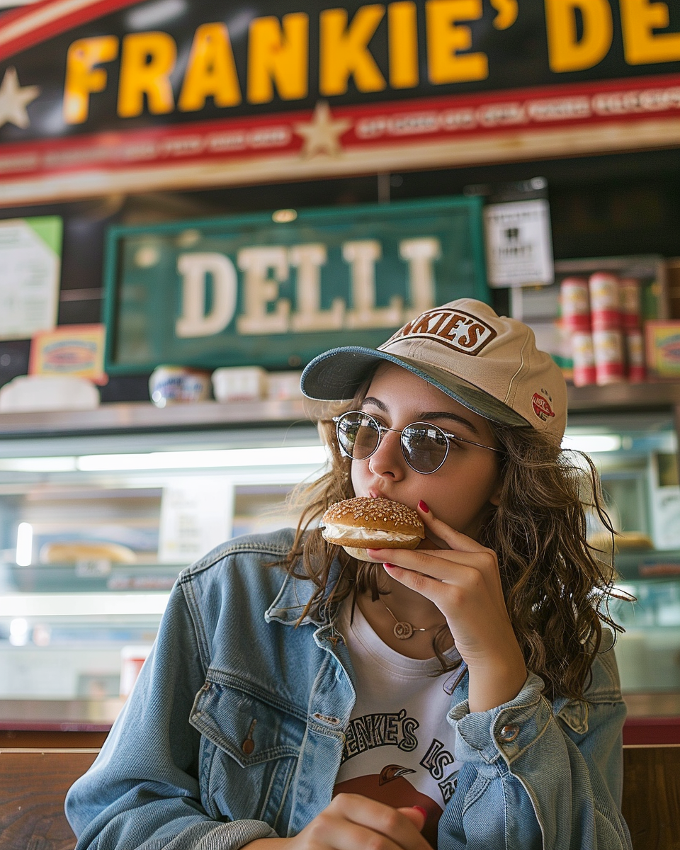 Girl eating bagel in deli