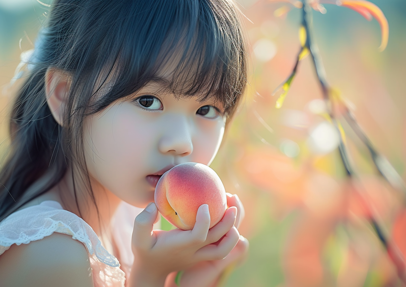 Girl eating a peach Japanese tween model