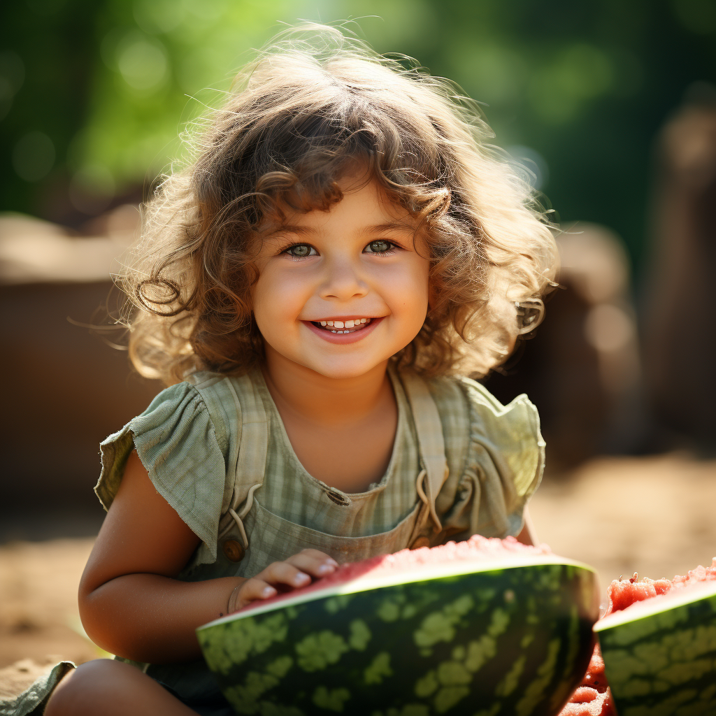 Little girl eating watermelon on farm