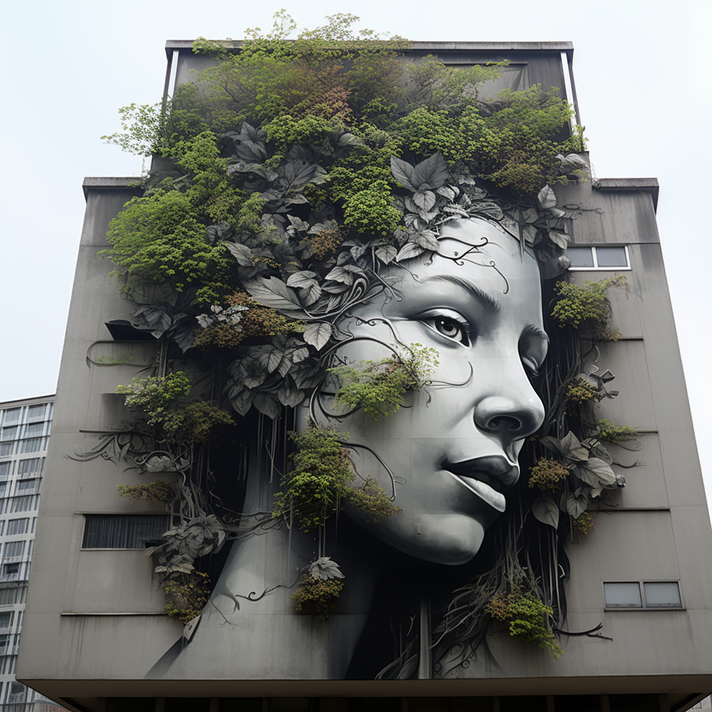 Girl face flowers reflecting on architecture