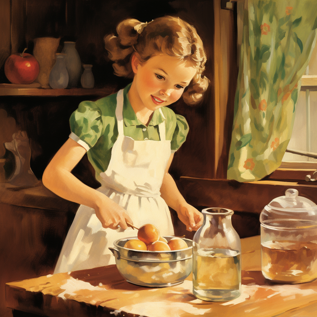 Little girl peeling apples in the kitchen