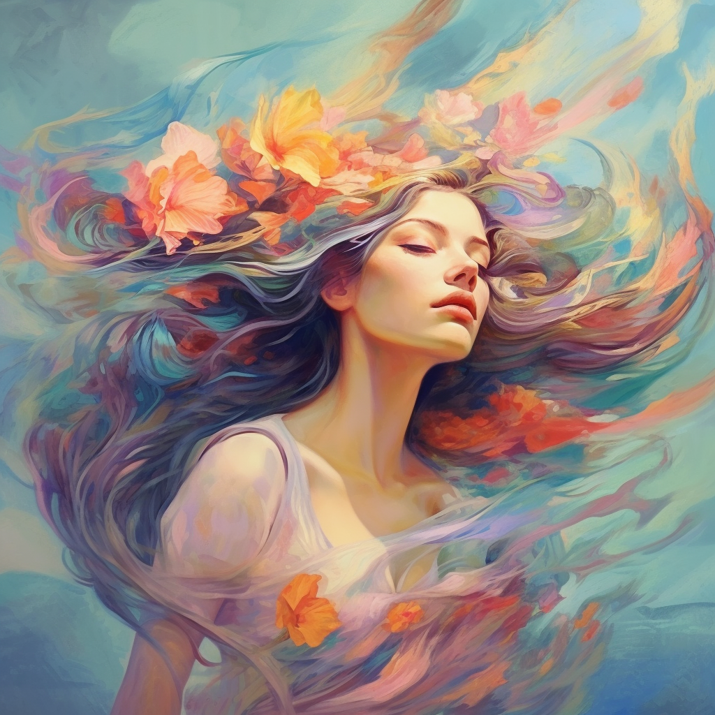 Girl with floating flowers in wind