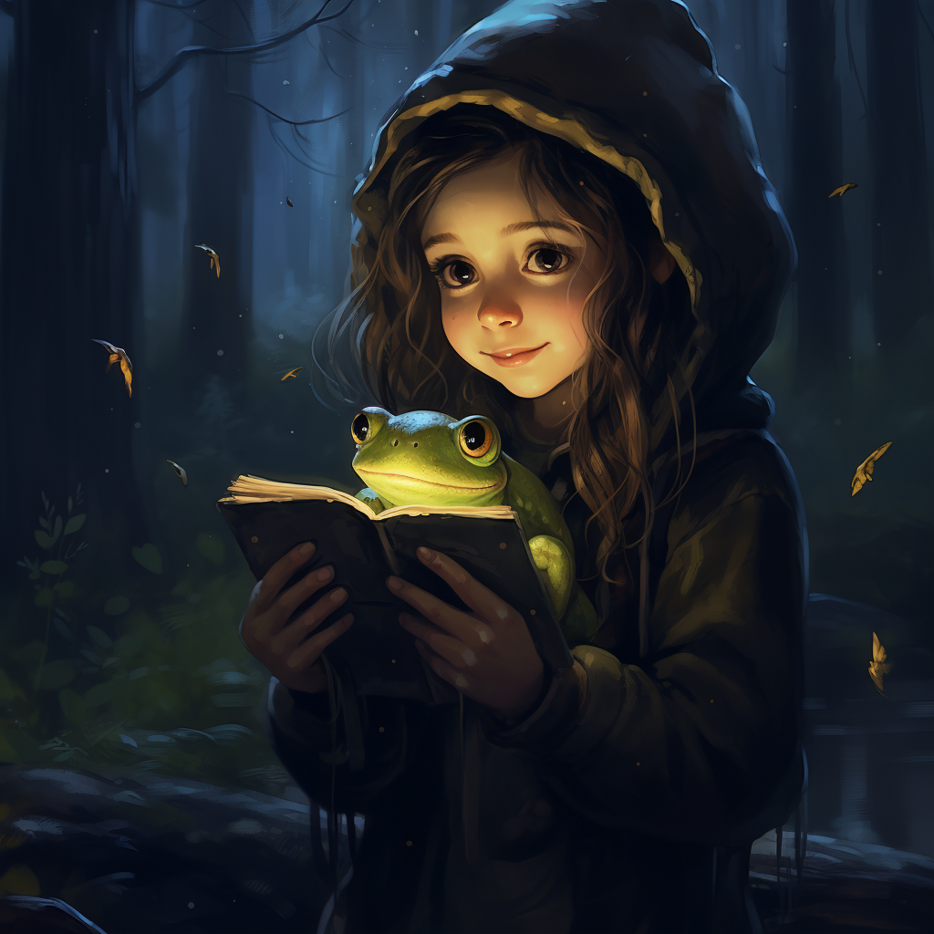 Girl holding a cute frog in a dark forest