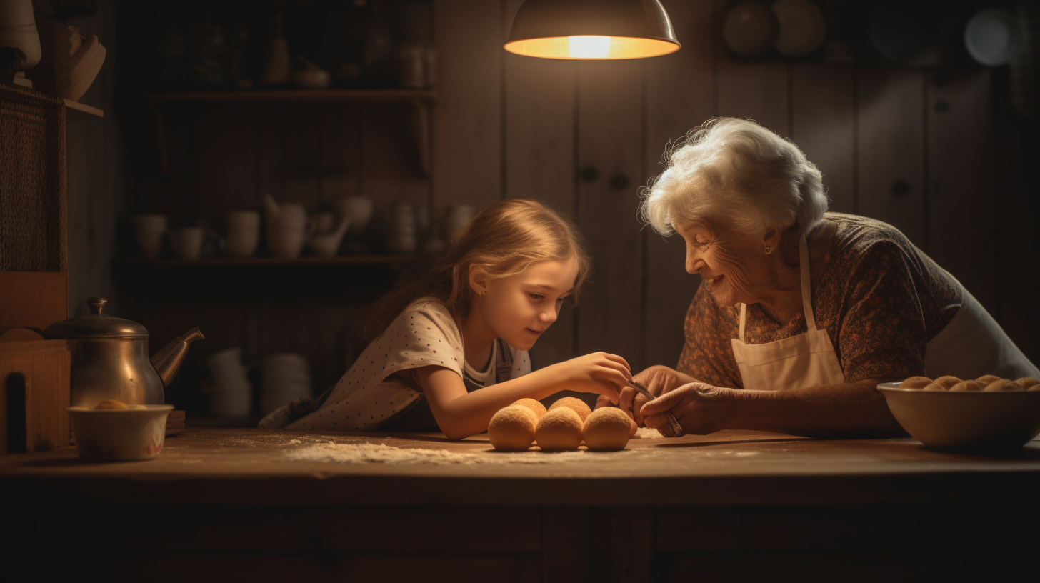 Little girl and grandmother baking with love