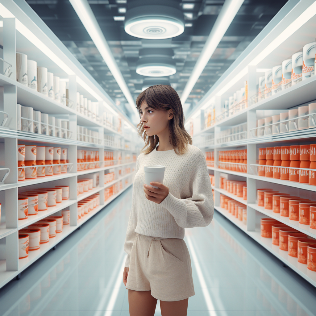 Girl holding a coffee cup in a supermarket