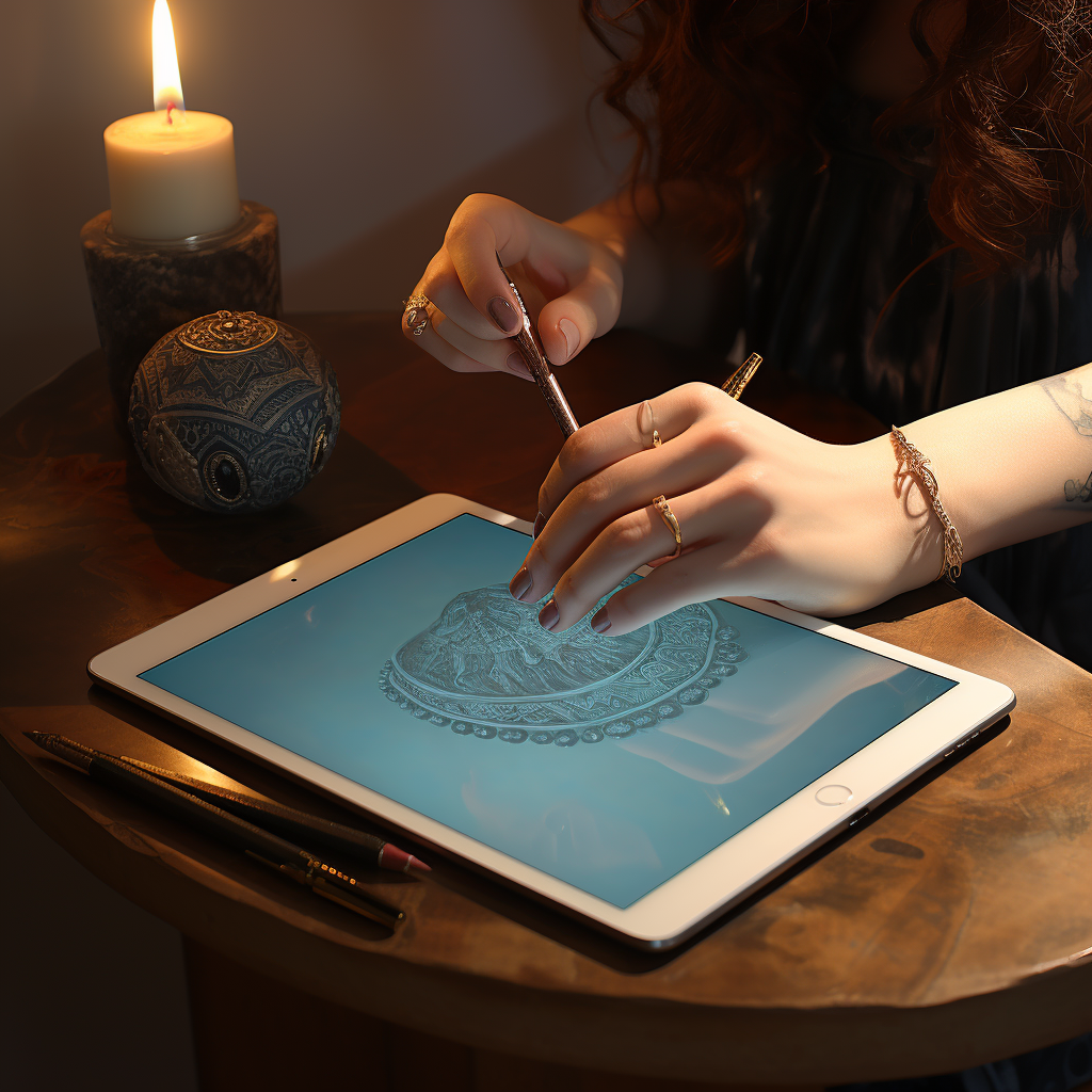 Stylish girl using iPad with rings