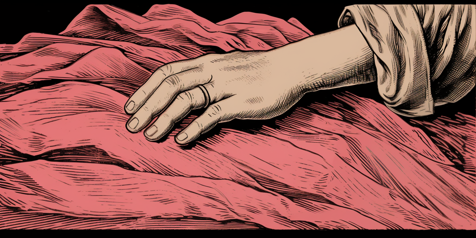 Girl hands holding fabric in woodcut style