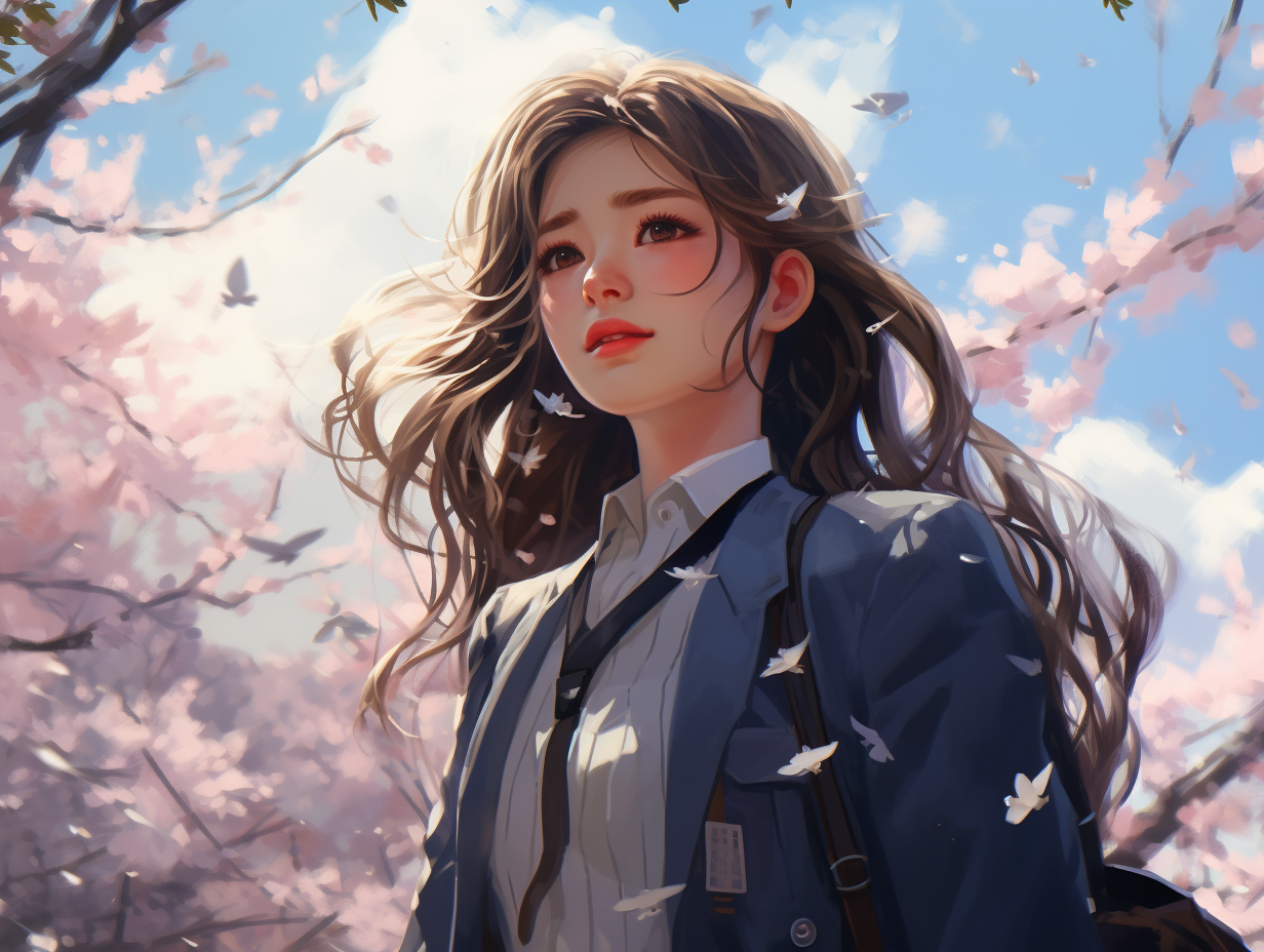 High school girl in cherry blossom wind