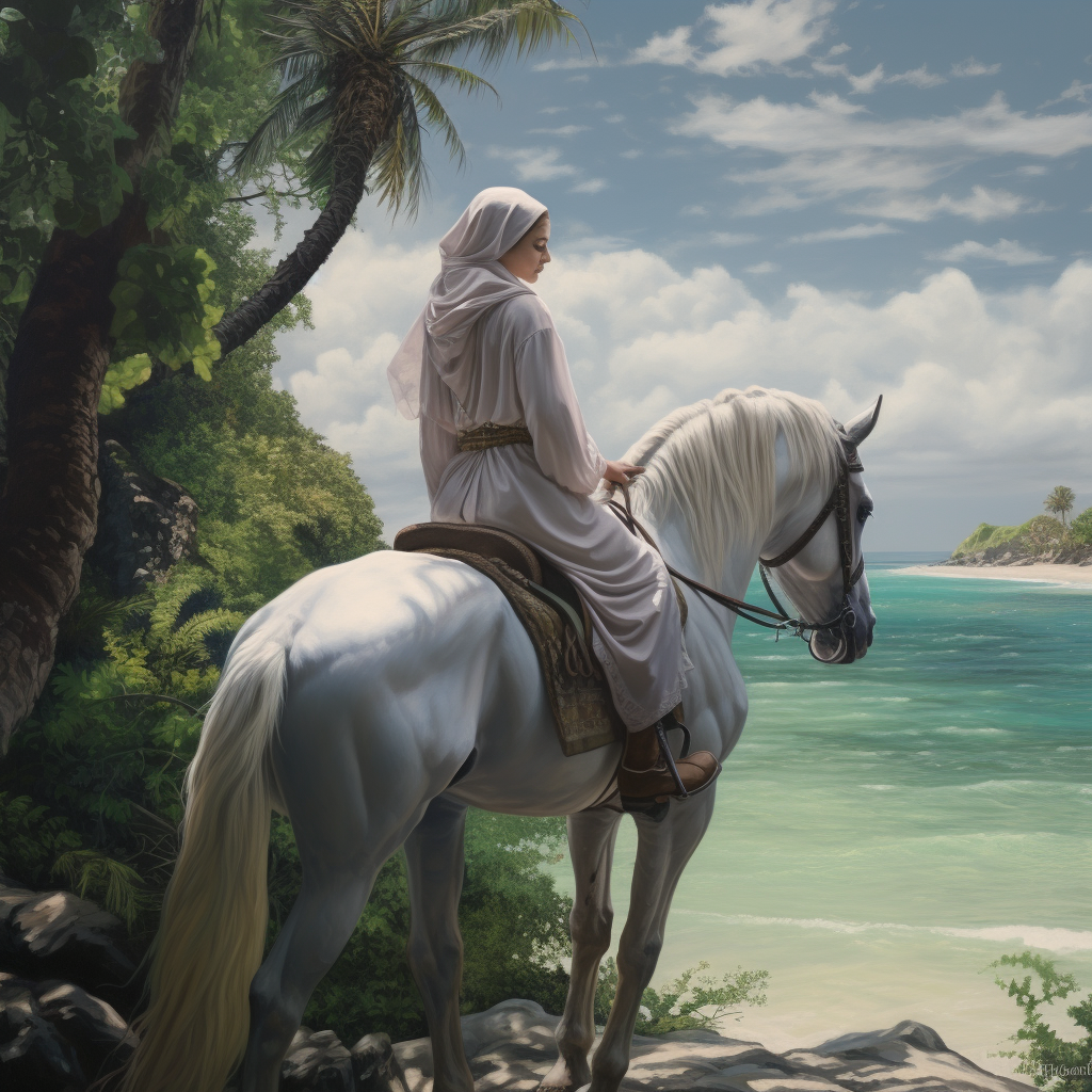 Girl in Hijab Riding White Horse in Jungle