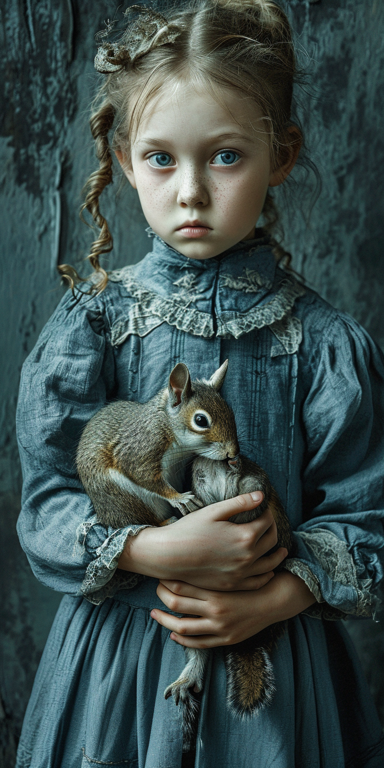 Young girl holding a small squirrel with love