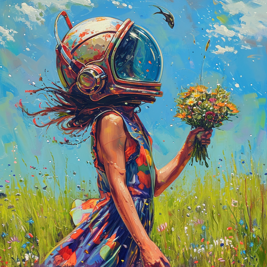 Girl holding bouquet on green grass