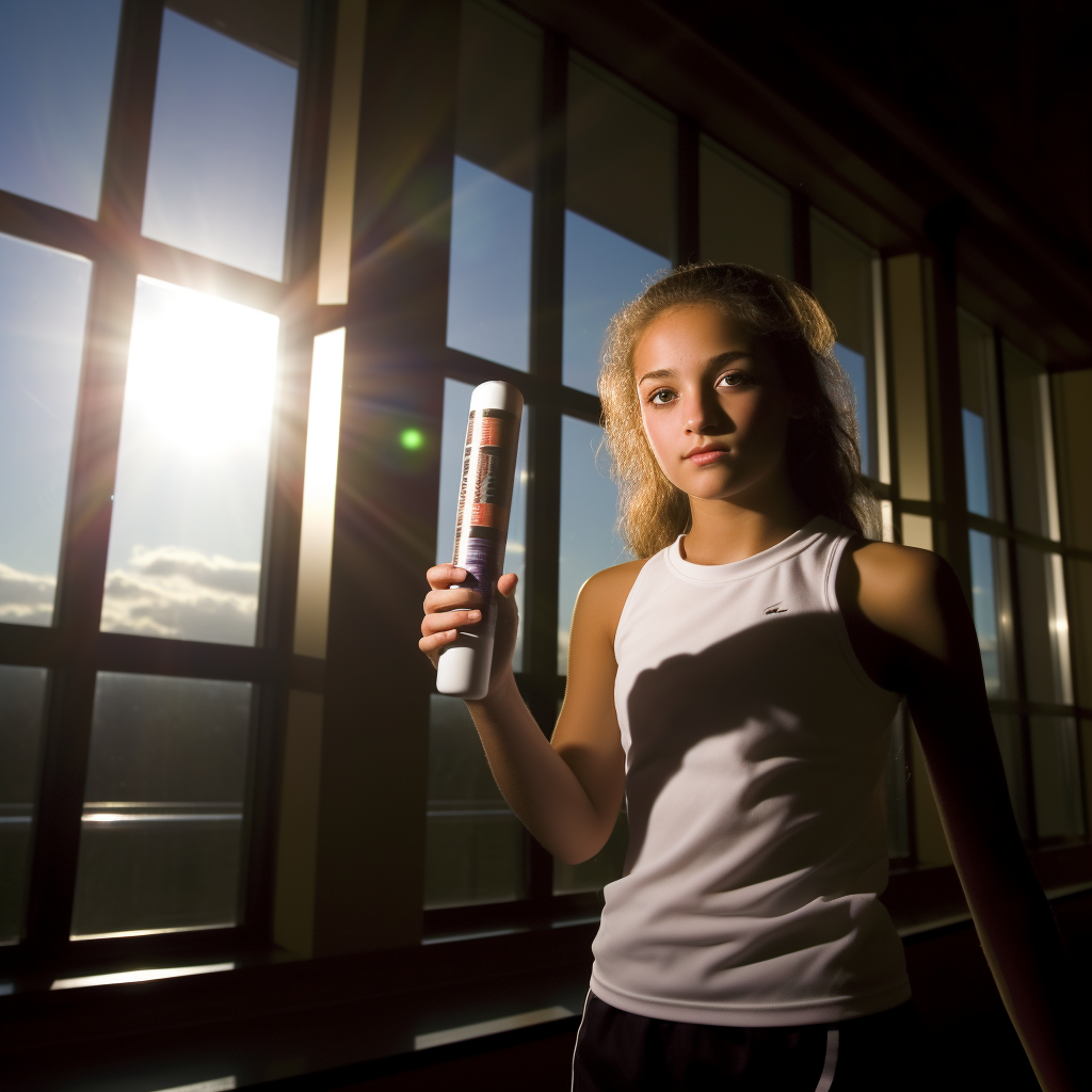 Young girl holding effervescent tablet tube in fitness studio