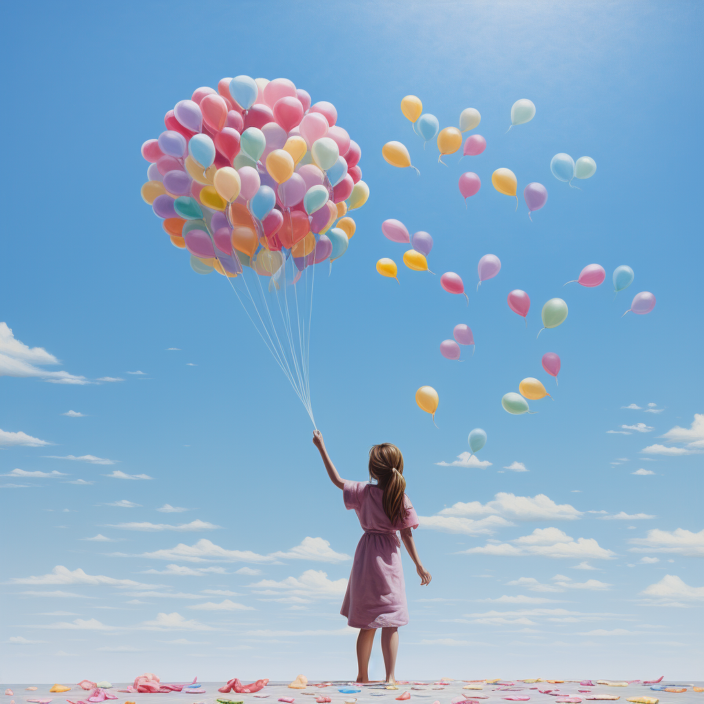 Young girl with balloon-like flower petals in sky