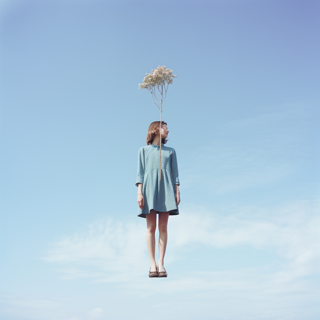 Young girl holding flower against blue sky