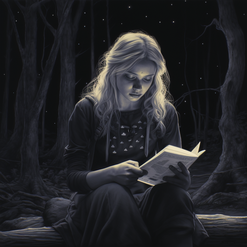 Young girl with frog and book in dark forest