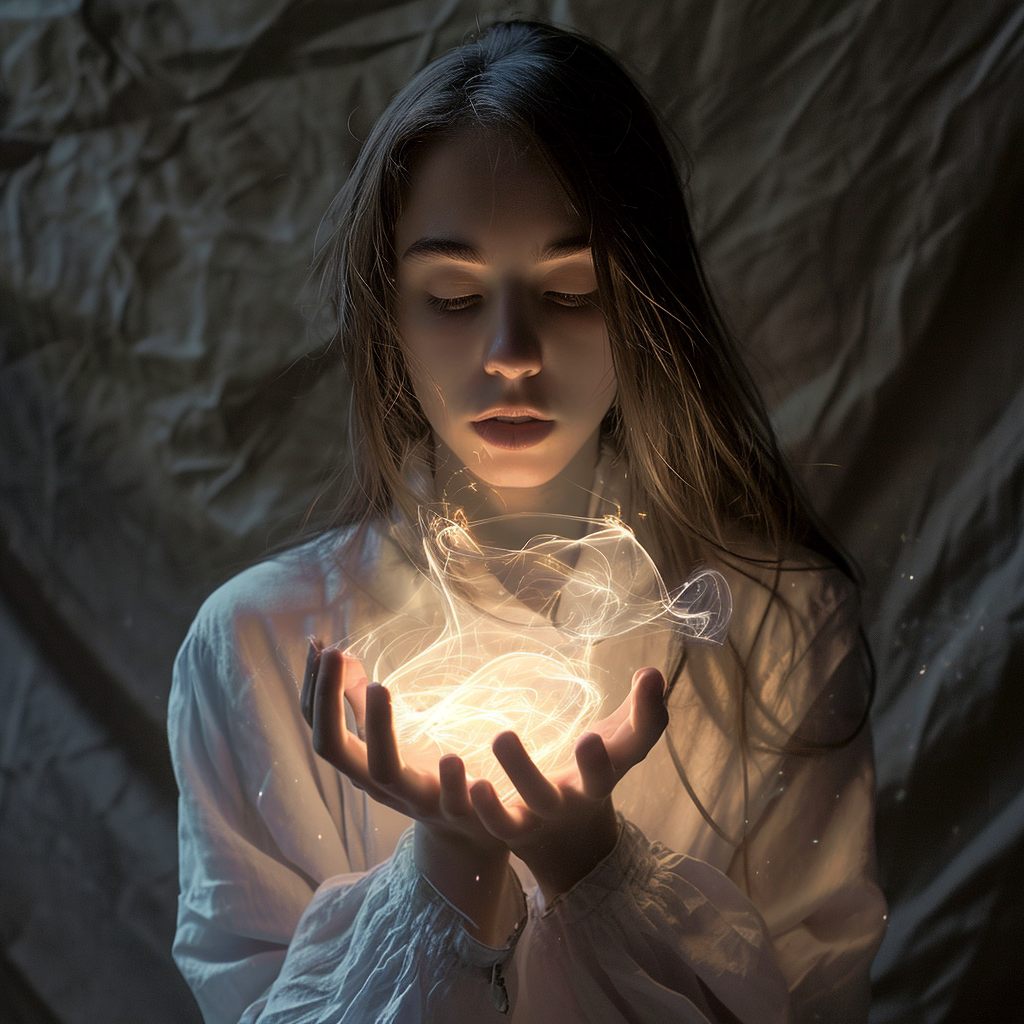 Girl holding luminous energy in light-colored clothes