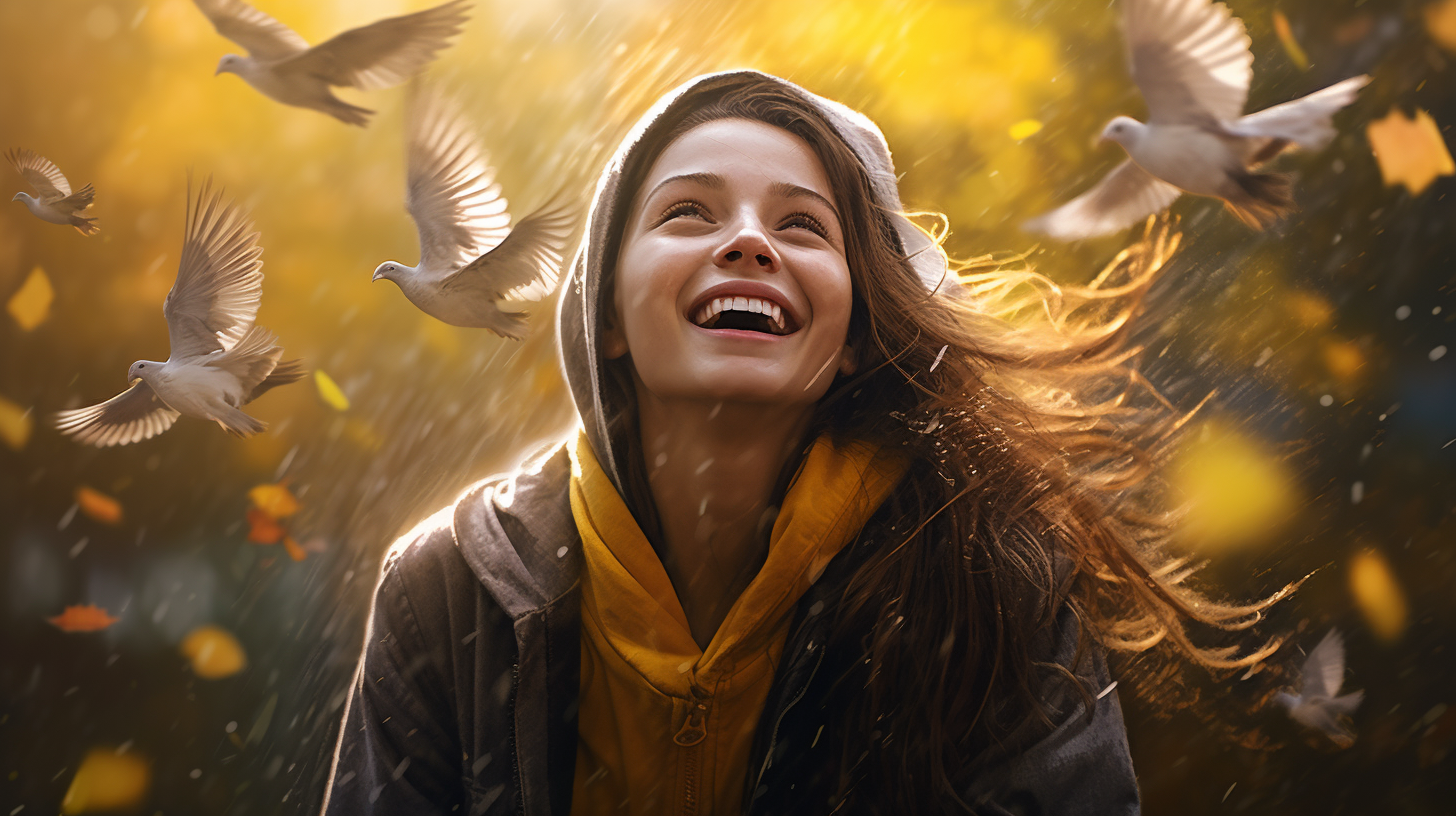 Girl in Hoodie Smiling in the Rain