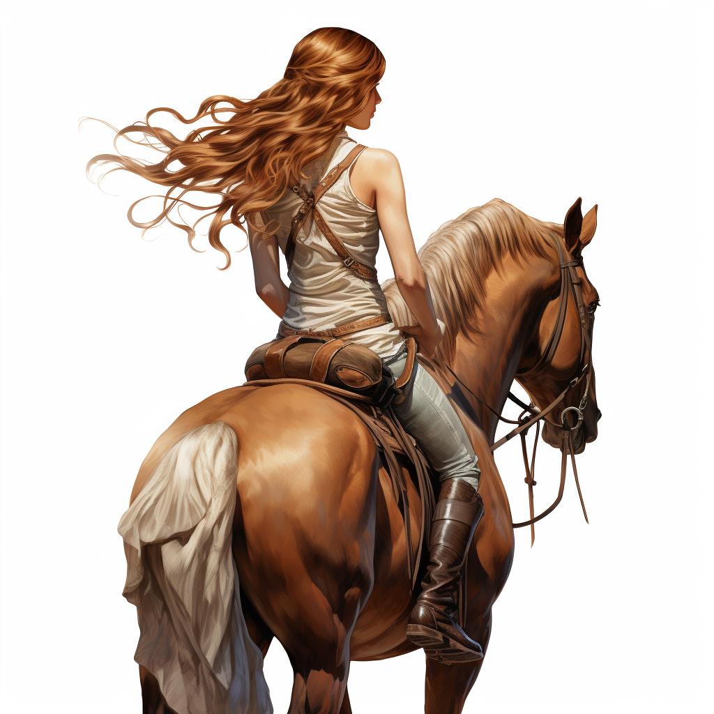 Realistic girl on horse standing from behind